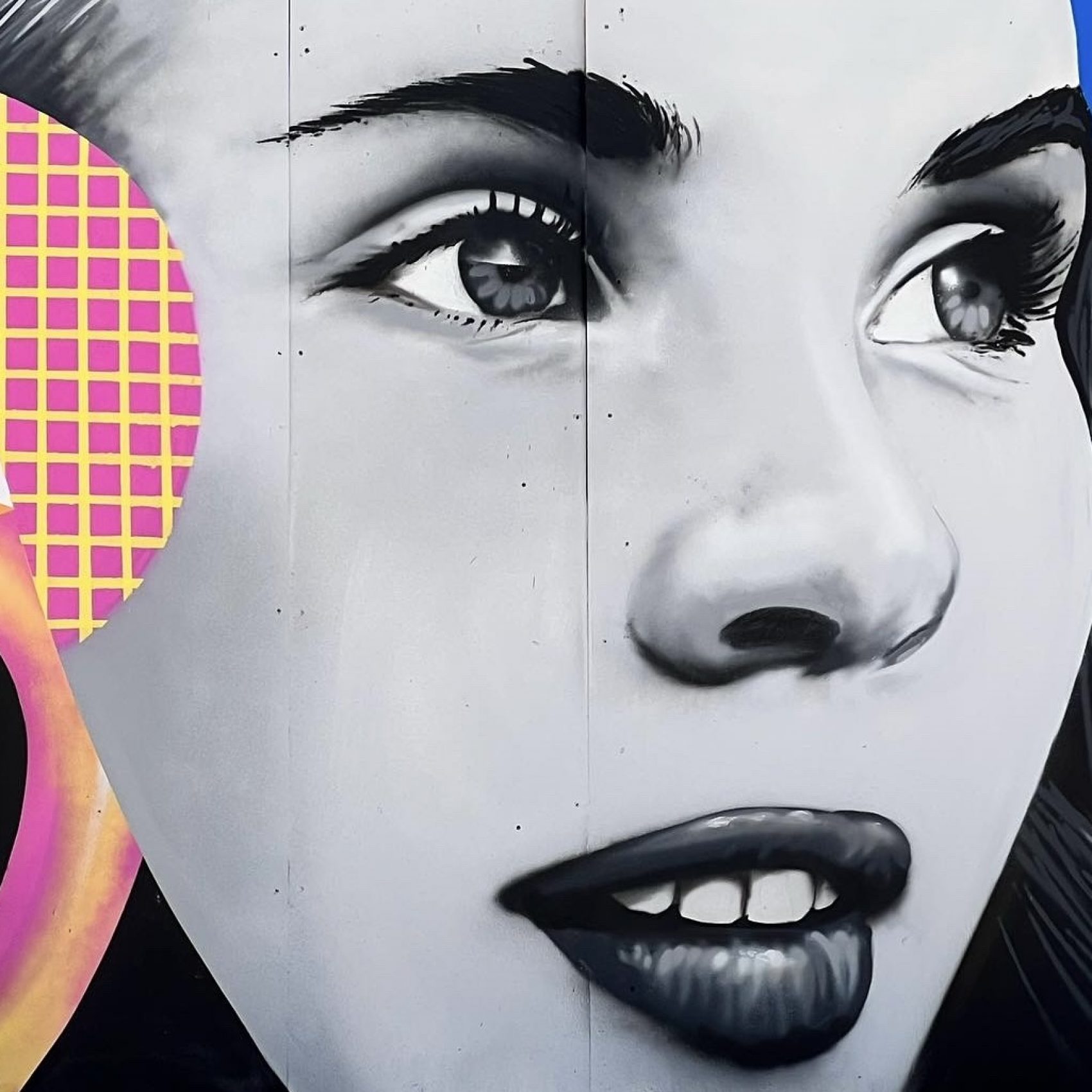 Visage de femme en noir et blanc peint à la bombe par Amoor (détail de fresque)
